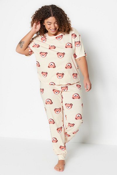 Trendyol Curve Ecru Teddy Bear Patterned Knitted Pajama Set TBBAW23AI00039