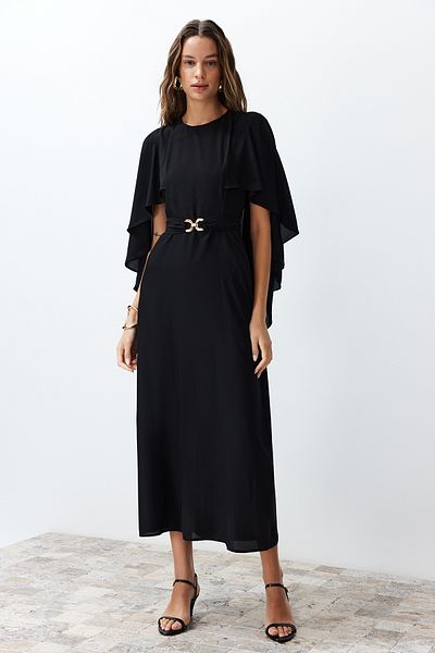 Trendyol Modest Black Belted Cape Detailní stylové tkané večerní šaty TCTSS24DB00003
