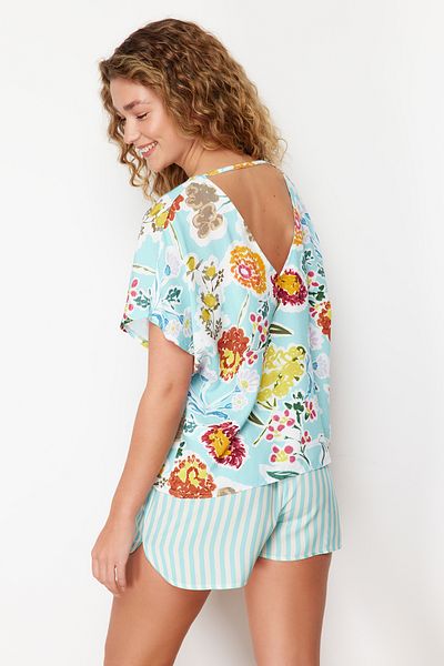 Trendyol Collection Blue Multicolor Floral Striped Viscose Woven Pajamas Set THMSS24PT00194