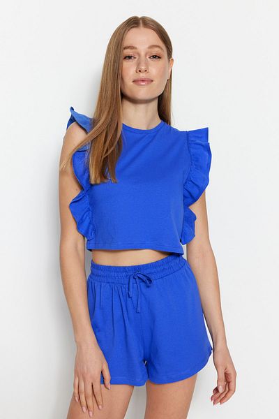 Trendyol Collection 100% pamut sötétkék fodros pizsama készlet - póló és rövidnadrág THMSS23PT00175