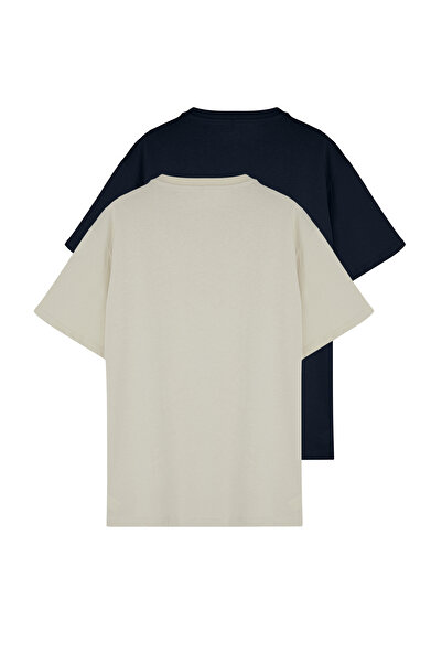 Trendyol Collection Μπλουζάκι με κανονική εφαρμογή σε συνθετικό μέγεθος 2 πακέτο - Stone and Navy Blue TMNSS24BF00002