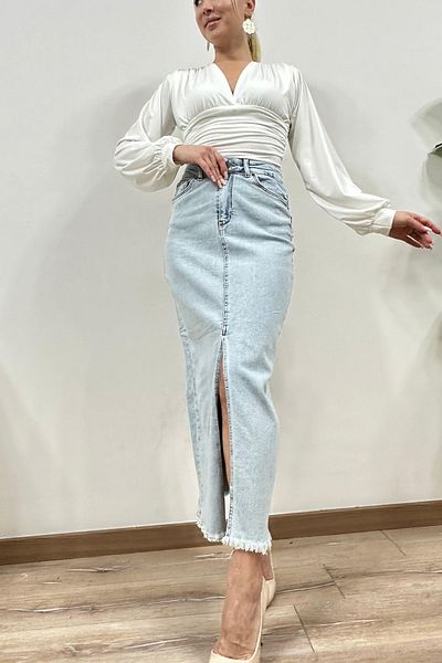 CİDDE Fusta de denim albastru deschis cu 5 buzunare, cu decupaje frontale, albastru deschis/34