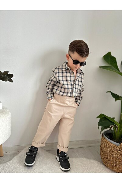 favorimkids Checkered Shirt Cream Color Trousers Bottom and Top Set