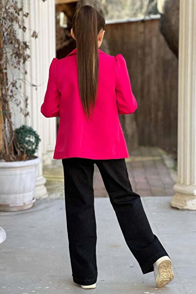 Riccotarz Girl's Leopard Text and Digital Printed T-Shirt Loose Fitting Pants Fuchsia Blazer Jacket Bottom Top Set