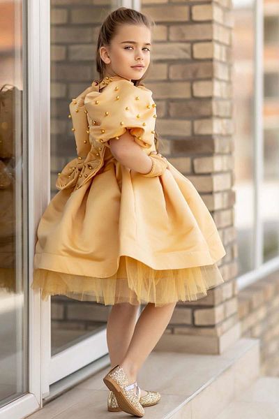 Riccotarz Girl's Salmon Evening Dress with Watermelon Sleeve, Pearl Beads and Transparent Gloves Detail and Tulle Inside