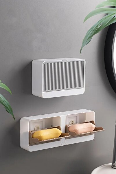 Tilbe Home 2 Compartment Solid Soap Holder Wall Mounted Kitchen Bathroom White Color Strong Adhesive Soap Organizer