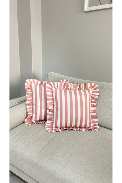 Çizgili Pembe Beyaz Fırfırlı Keten Kırlent Kılıfı 40x40 cm