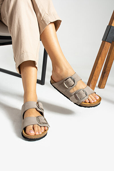 Uniqueqoop Orthopedic Genuine Leather Women's Slippers - Tokyo Big Buckle Cork Sole