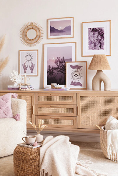 no77decor 5 Parça Mor Ve Manzara Temalı Ahşap Çerçeve Görünümlü Tablo Seti