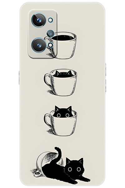 realme GT2 (RMX3311) Uyumlu Kılıf Desen Baskılı Silikon Kedi ve Kahve Çizimi ...