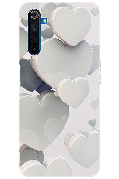 realme 6 PRO (RMX2061) Uyumlu Kılıf Desen Baskılı Silikon Beyaz Kalpler STK:2...