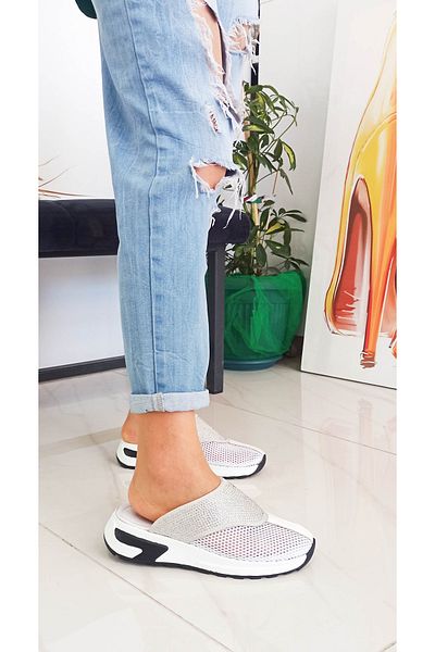 GDT Ayakkabı White Color Flat Sole Stoned Mesh Women's Sports Slippers