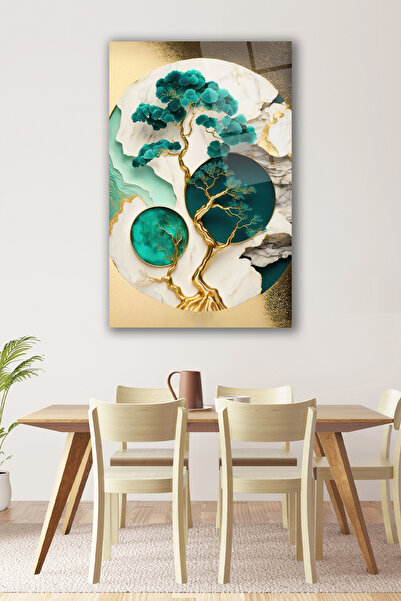 duvarsanatı Apstraktna slika na staklu bonsai drveta, zeleno-zlatna, za kućnu...