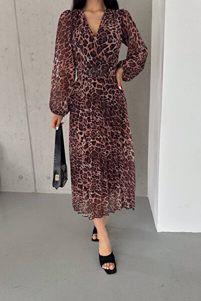 Neşeli Butik kadın kemerli leopar desenli midi şifon elbise NBK0113