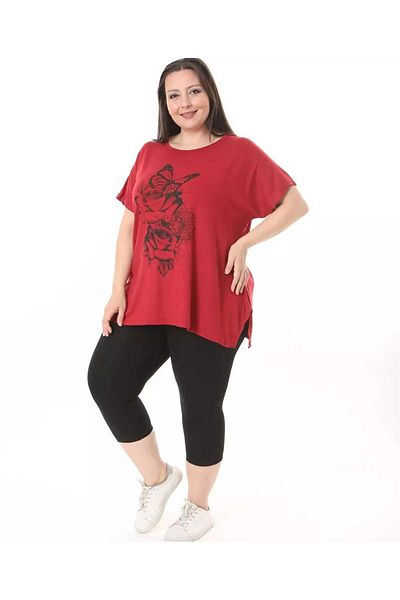 BİrHoşButik LARGE SIZE FULL LYCRAL CYCLING NECK FLOWER BUTTERFLY PATTERNED WIDE MOLD TREND T-SHIRT AND TIGHTS SET