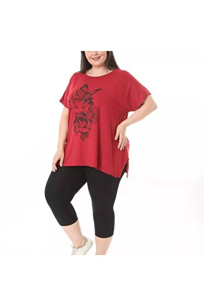 BİrHoşButik LARGE SIZE FULL LYCRAL CYCLING NECK FLOWER BUTTERFLY PATTERNED WIDE MOLD TREND T-SHIRT AND TIGHTS SET