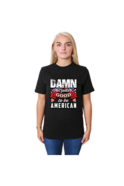 HediyeMania Tricou negru din bumbac pentru femei - American cu imprimeu și de...