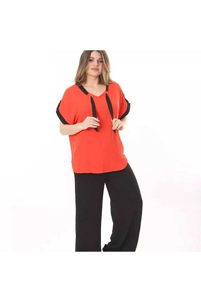 BİrHoşButik LARGE SIZE AEROBIN FABRIC COLLAR LACE-UP ARM LACE-UP WAIST RUBBER V-NECK WIDE MOLD TREND SET