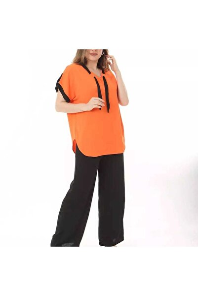 BİrHoşButik LARGE SIZE AEROBIN FABRIC COLLAR LACE-UP ARM LACE-UP WAIST RUBBER V-NECK WIDE MOLD TREND SET