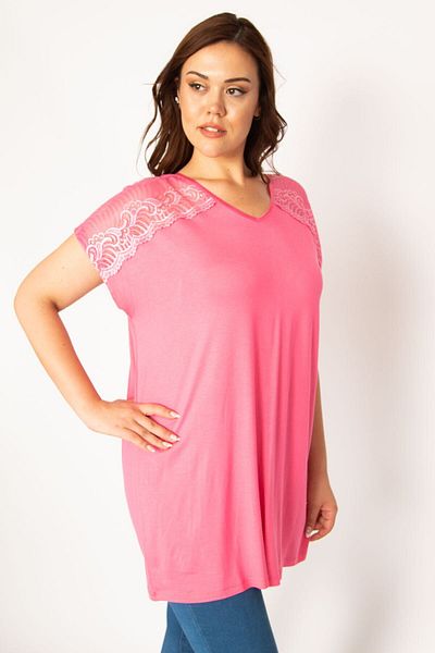 Şans Women's Plus Size Pink Shoulders Lace V-Neck Blouse 65n33848