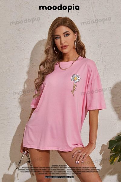 Moodopia Happy Daisy Printed Pink Oversize Tshirt