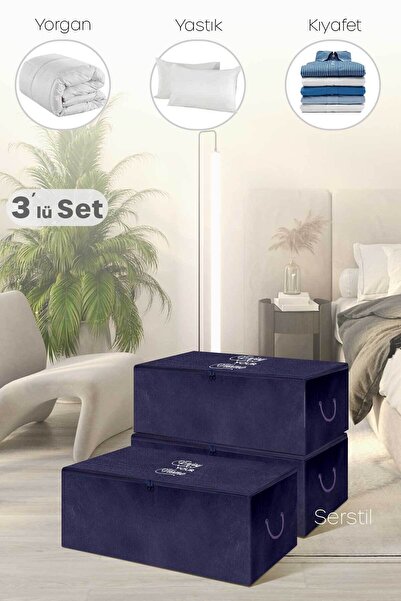 Serstil 3 Adet - Mini Boy Baskı Detaylı Lacivert Hurç 30 X 22 X 18 Cm