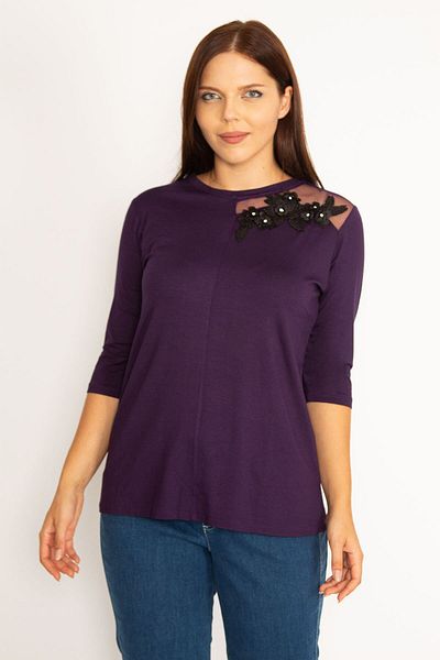 Şans Women's Large Size Purple Applique and Tulle Detailed Blouse 65n34575