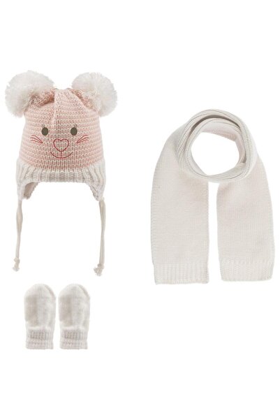 Kitti Kız Bebek Atkı Bere Eldiven 3 Lü Takım 3-9 Aylık