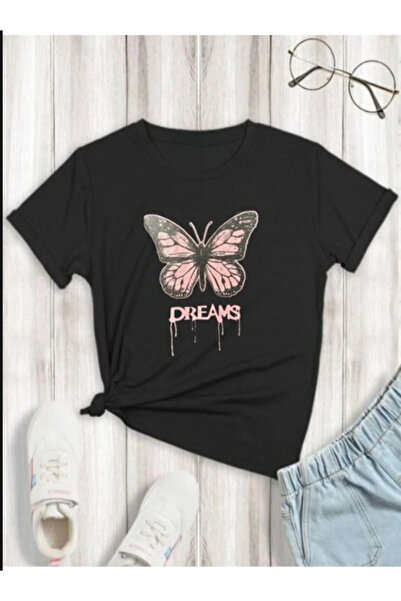 Pelna Kids Trend Model Black T Shirt Pink Butterfly Printed Cotton
