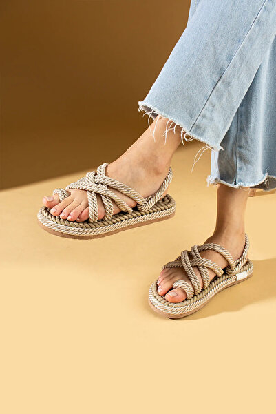 PUSKAS Kadın Hasır Rahat Taban Günlük Halat İpli Sandalet 00141
