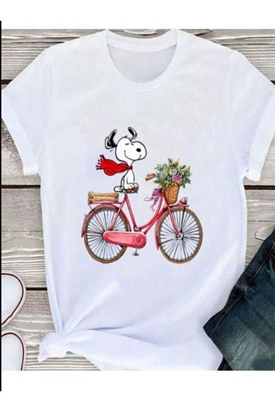 Pelna Tricou alb model Trend pentru copii Bumbac imprimat cu câine și bicicletă