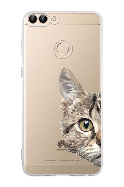 PrintiFy Huawei PSmart (2018) Uyumlu Kamera Korumalı Catface Tasarımlı Şeffaf  Silikon Kılıf