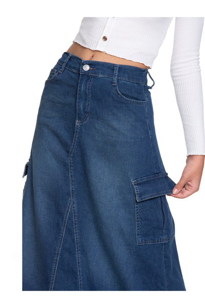 WOGGI Kargo Cepli Mavi Renk Yüksek Bel Uzun Denim Etek