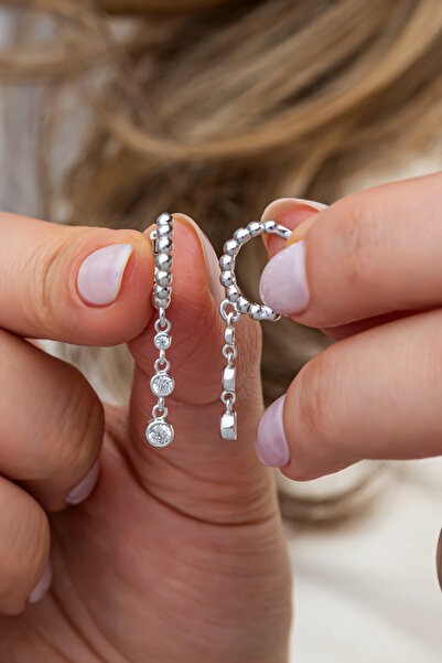 Nereze 925 Ayar Gümüş Rodyum Kaplama 10 mm Toplu Sallantılı 3 Taşlı Küpe