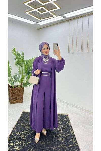 FIRSTESLEM Birinci Sınıf Premium Çift Taraflı Dubai Krep Kumaş Tulumlu Abaya Takım