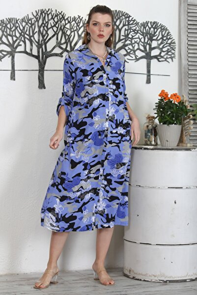 Chiccy Camouflage Blue Hooded Buttoned Long Sleeve Hidden Pocket Printed Casual Woven Dress