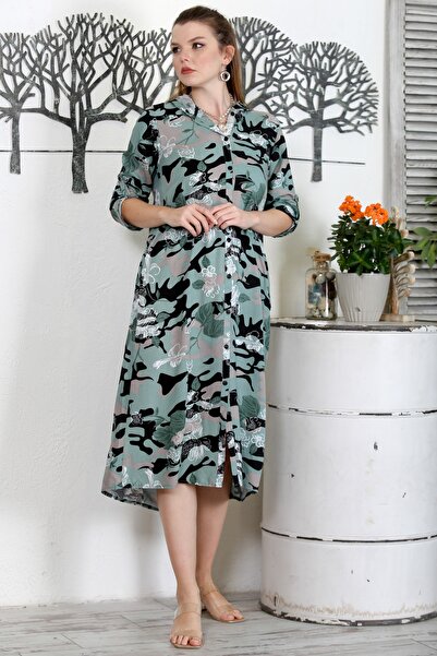 Chiccy Camouflage Khaki Hooded Buttoned Long Sleeve Hidden Pocket Printed Casual Woven Dress