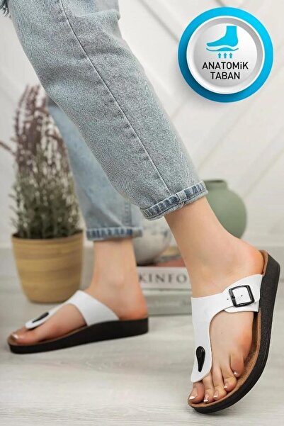 Flex Women's Anatomical Orthopedic Sole White Color Flip Flop Model Daily Anti-Slip Slippers