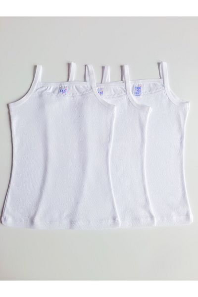 ÇebiKids Girl's 100% Cotton White Jacquard Rope Strap Undershirt 3-Piece