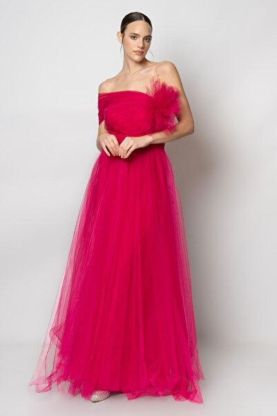 RENGIN Robası pileli tek tarafı fırfırlı tül abiye elbise