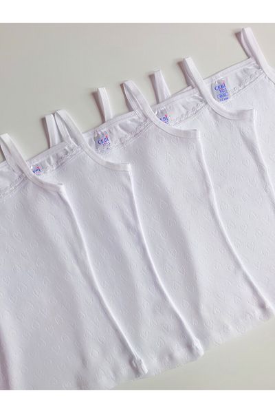 ÇebiKids Girl's 100% Cotton White Jacquard Rope Strap Tank Top/Fanilla Set of 5