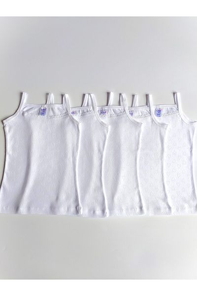 ÇebiKids Girl's 100% Cotton White Jacquard Rope Strap Tank Top/Fanilla Set of 5