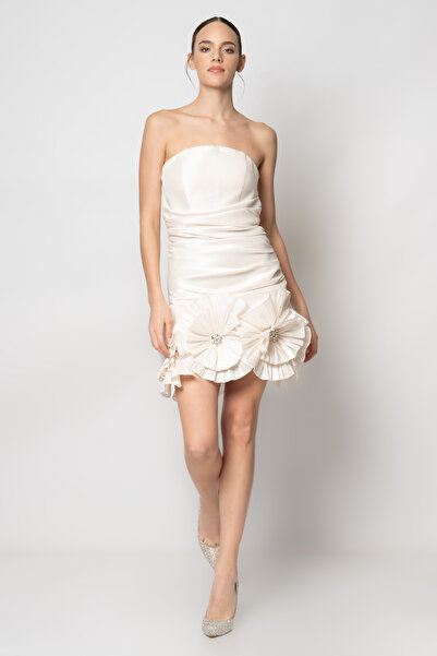 RENGIN Etek ucu büyük çiçekli tafta abiye elbise