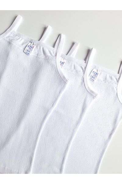 ÇebiKids Girl's 100% Cotton White Jacquard Rope Strap Undershirt 3-Piece