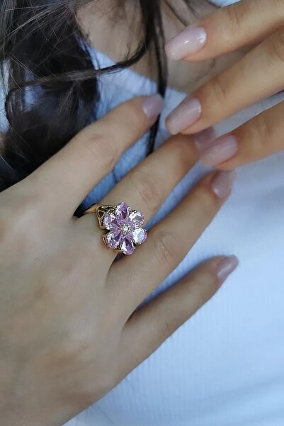 Utku Kuyumculuk 14 AYAR 0,05 CT PIRLANTA TAŞLI, DAMLA PİNK KUVARS ÇİÇEK MODELİ ÖZEL TASARIM ALTIN YÜZÜK