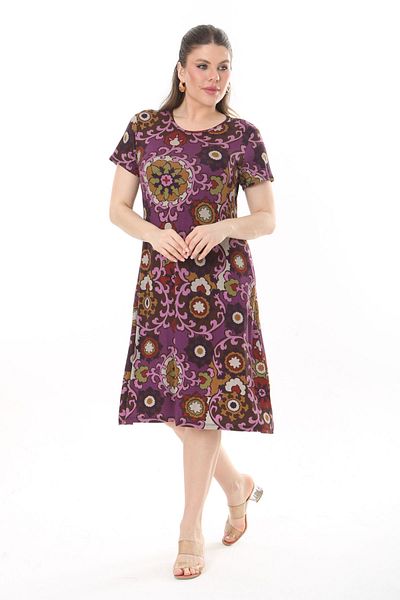 Madwilo Women's Purple Brown Shawl Pattern Flexible Viscose Basic Dress