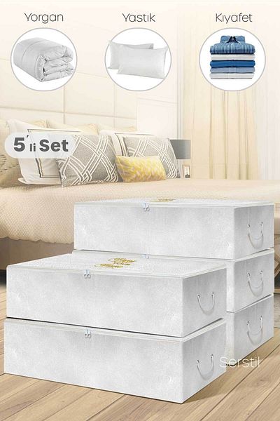 Serstil 5 Pieces - Mega Size White Storage Bag Under Base 74 x 46 x 22 cm