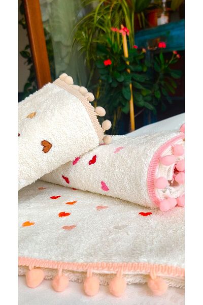 A.Z.H. Mother's Dowry 50x90 CmCurly Textured New Trendy Heart and Flower Embroidered Hand and Face Towel (SET OF 3)