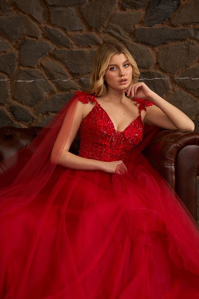 Lenta Moda Red Beaded Lace Covered Cloak Maxi Length Evening Dress and Evening Gown