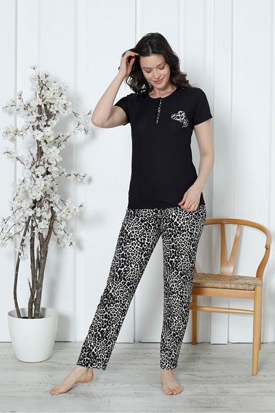 Wordex Set de pijamale pentru femei Mr 1417 Pegasus, cu maneci scurte, cu model de leopard